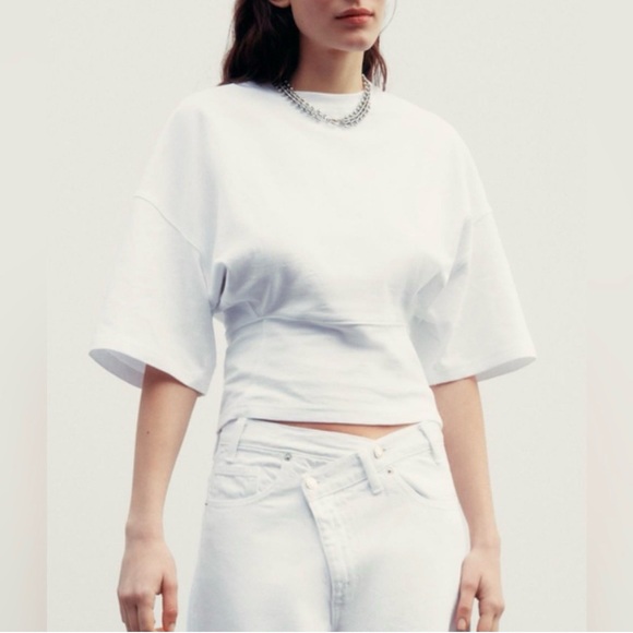 New With Tags ZARA Women’s Fitted Waist White T-Shirt Kimono Wide Short Sleeve M - Picture 1 of 11